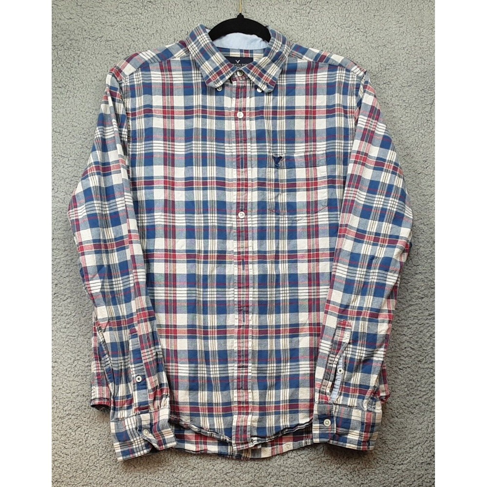 American Eagle Outfitters Shirt‎ Men's Size M RED WHITE BLUE Plaid Classic Fit